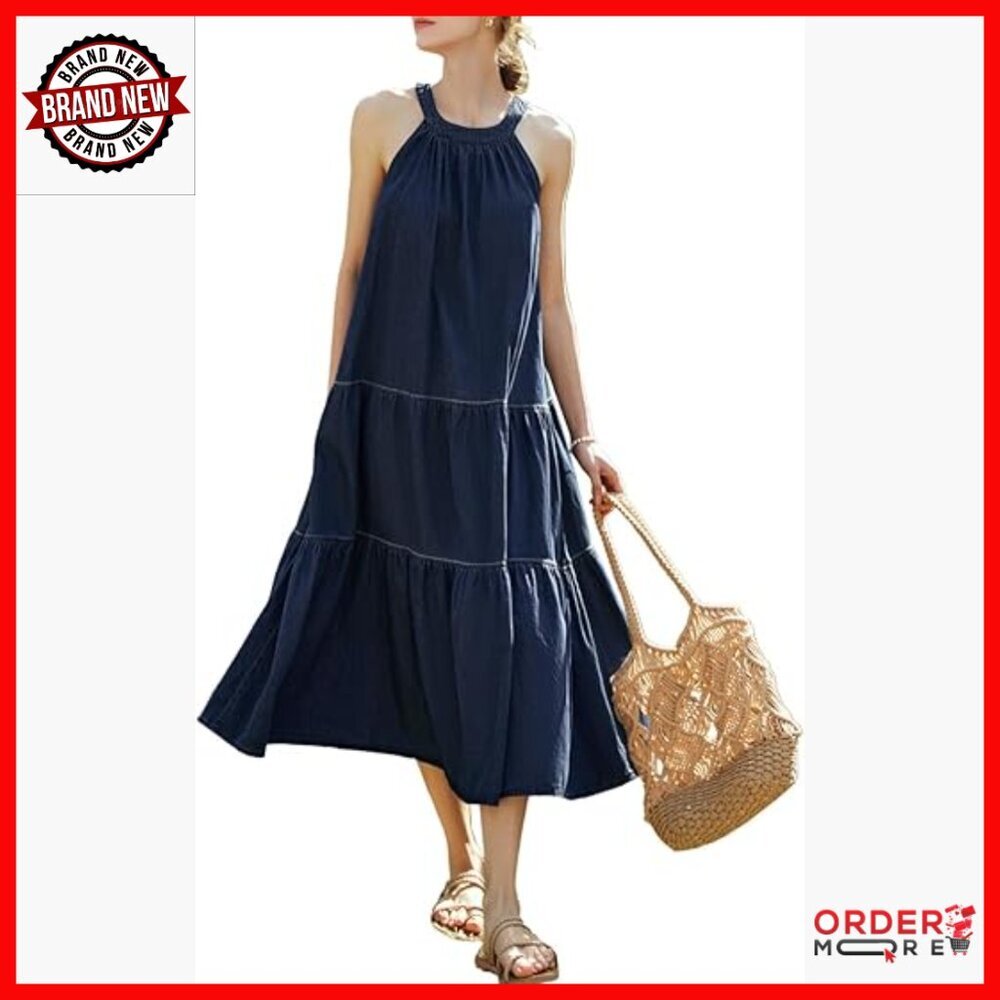 Denim Maxi Dress Halter Neck Sleeveless Loose Fit Summer Casual